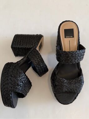 Dolce Vita Black Woven Block Heel Platform Slip-on Mules Sandals
